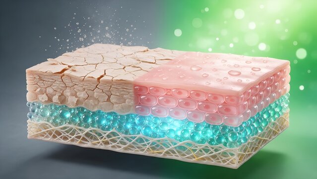 Microscopic cross section diagram showing dry flaky damaged skin layer contrasting with hydrated healthy moisturized glowing skin featuring glowing drops of serum treatment