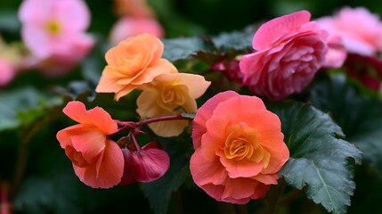 Fototapeta premium A vibrant cluster of blooming begonias showcasing soft pink peach and orange hues against lush green foliage