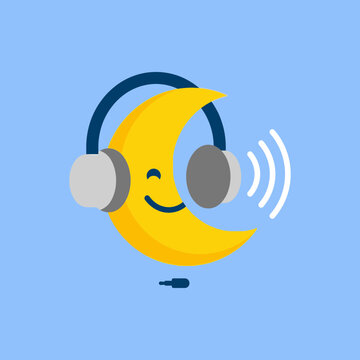 Cartoon moon with headphones and smiling face on a blue background
