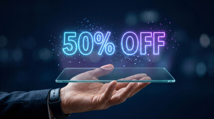 Obraz premium Holographic fifty percent discount text glowing in blue and purple neon light above modern digital glass tablet interface