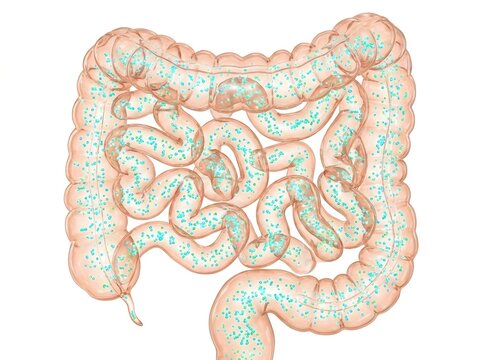 Transparent intestine model with microbiome particles, microbiome research