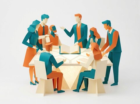 Diverse abstract meeting figures around digital table, open collaboration