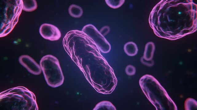 Microscopic view reveals vibrant, glowing rod-shaped and spherical microbes with undulating membranes, depicting cellular lifeforms in a luminous, dark environment, highlighting biological