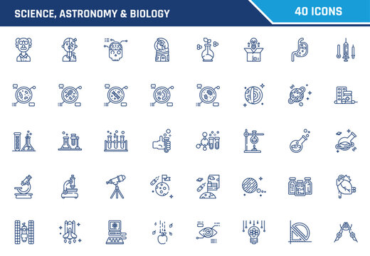 Science astronomy and biology vector icons set featuring outline symbols for research and education technology