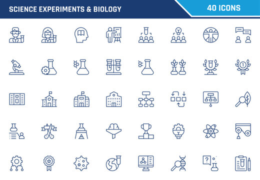 Comprehensive science experiments and biology vector icon set featuring outline symbols for laboratory research concepts