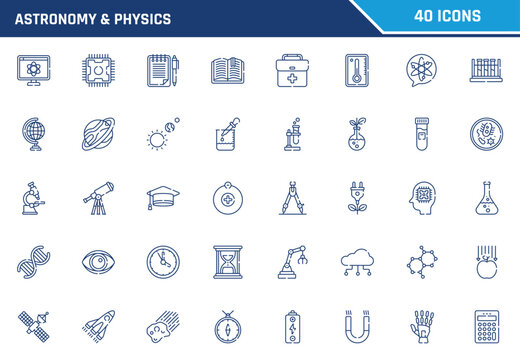 Astronomy and physics vector icons set featuring science symbols and research equipment elements