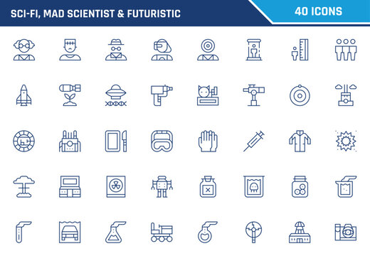 Comprehensive vector illustration collection featuring forty distinct science fiction and mad scientist icons in blue outline style