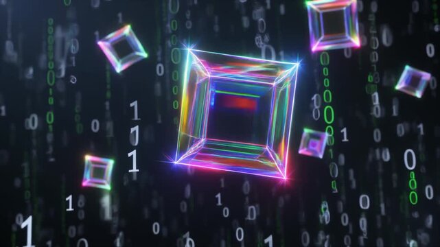 Glistening geometric crystals, illuminated with vibrant neon hues, float and cascade amidst a digital stream of binary code, signifying data flow and technological advancement