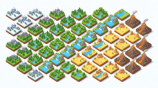 Isometric game tiles set with landscape biomes and nature elements