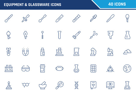 Laboratory equipment and glassware outline icons vector illustration set featuring various scientific instruments