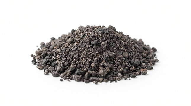 Isometric low mound black volcanic cinder, dark charcoal porous scoria gravel mixed with fine ashy grit, lightweight lava rock aggregate pile isolated on white