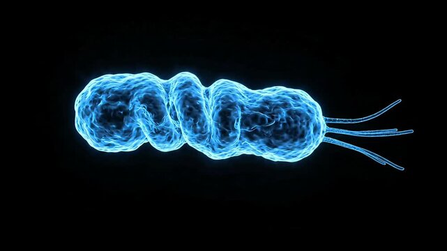 3D rendered animation of glowing blue spiral bacteria microorganism floating smoothly with flagella tails under microscopic view on dark background. 