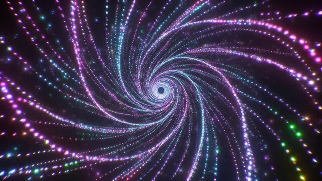 A mesmerizing vortex of luminous, swirling particles pulls the viewer into an infinite, cosmic tunnel, creating a profound sense of wonder and awe with its vibrant, colorful display of energy
