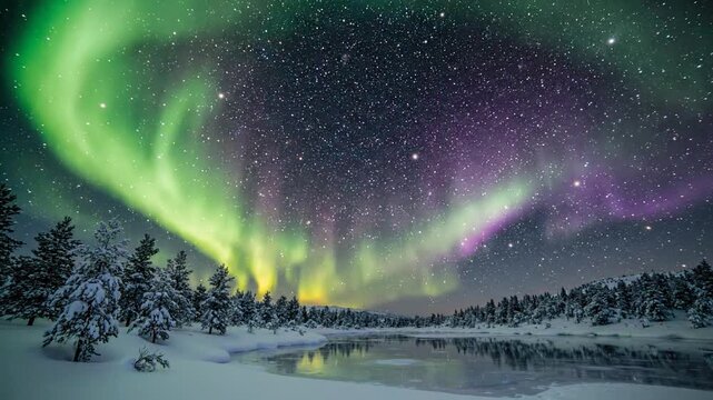 Spectacular Aurora Borealis Over Snowy Forest and Frozen Lake Under Starry Night Sky