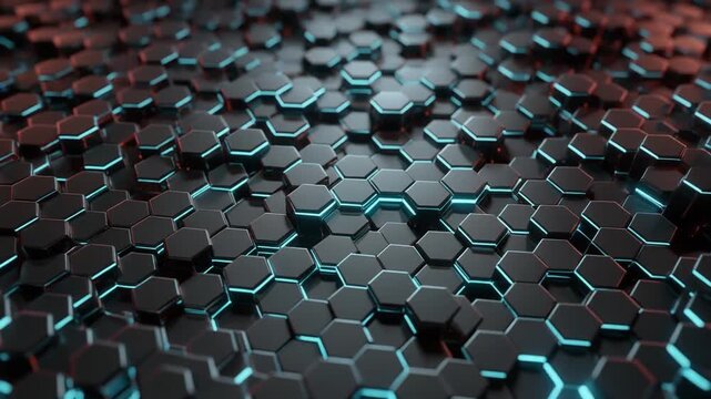 Intricate dark hexagonal geometric pattern with luminous cyan lines emanating from the recessed surfaces, creating a dynamic, futuristic, and technologically advanced abstract composition that
