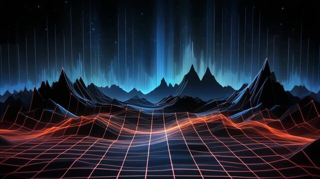 A mesmerizing digital landscape unfolds with glowing geometric terrains and vibrant aurora-like celestial phenomena painting the vast, starry expanse with luminous energy and creating a profound