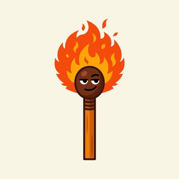 Cartoon matchstick with a fiery flame and a mischievous expression