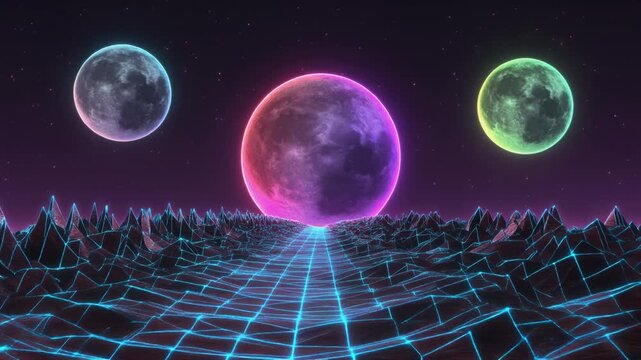 Vibrant retro-futuristic landscape unfolds with a luminous neon grid road stretching towards a central, colossal magenta planet flanked by two smaller, vividly colored celestial bodies under