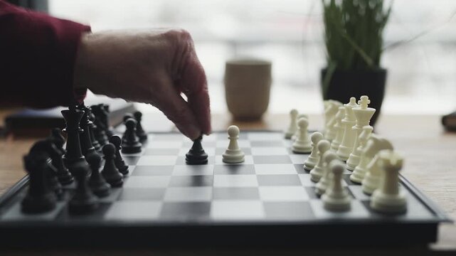 Elderly man playing chess with nurse in retirement home, brain training