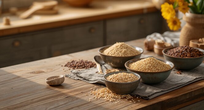 Rustic kitchen counter displaying bowls of mixed ancient grains quinoa flake porridge � Professional Stock Photography Concept for Commercial and Marketing Use