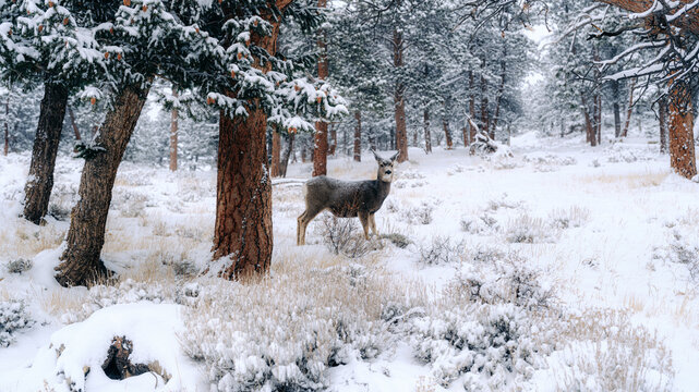 Mule deer standing among snow-covered pine trees in a quiet winter forest