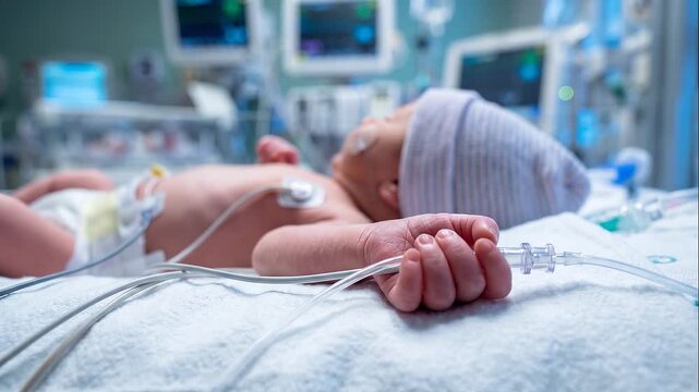 Newborn baby in neonatal incubator with monitoring equipment in hospital care unit