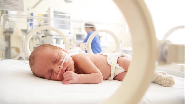 Newborn baby in neonatal incubator with monitoring equipment in hospital care unit