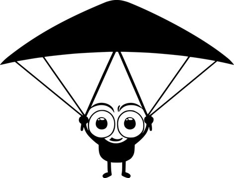 Funny cartoon character flying on a hang glider, enjoying a playful aerial adventure.