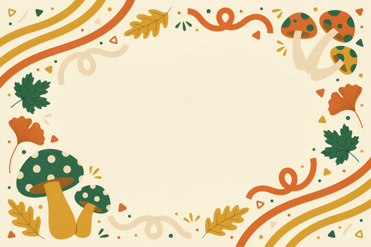 Retro autumn foliage frame background, groovy 70s style fall leaves and mushrooms border, festive harvest season copy space design