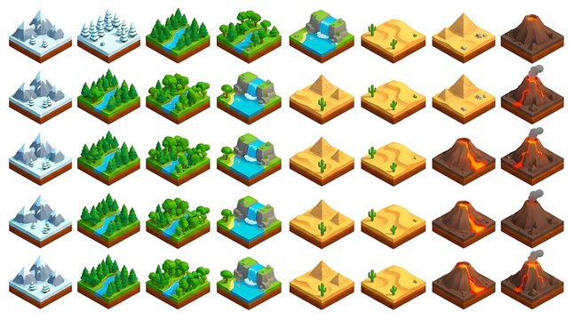 Set of isometric landscape tiles with different nature environments