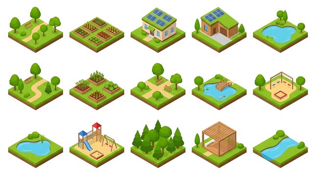 Set of isometric landscape tiles with buildings and nature elements