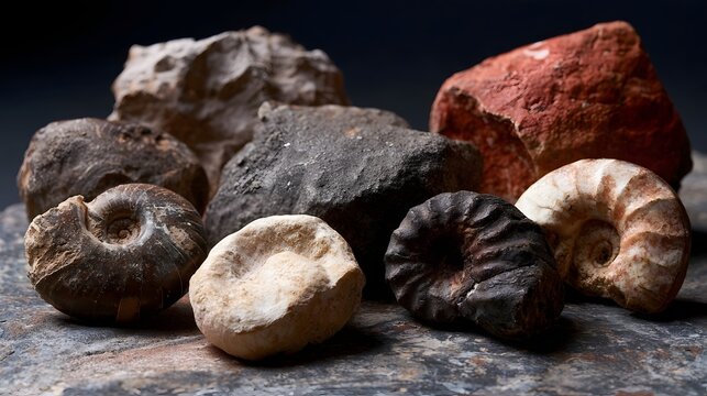 A collection of ancient fossilized shells and rocks arranged on a textured surface under dramatic lighting