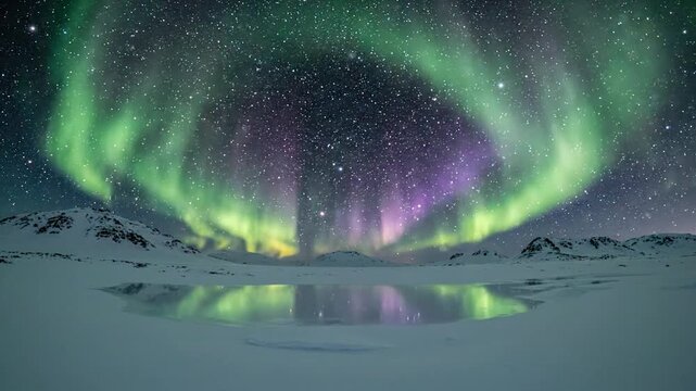 Spectacular Aurora Borealis Over Snowy Landscape and Frozen Lake Reflection