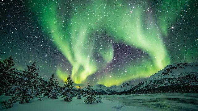 Spectacular Aurora Borealis Over Snowy Mountains and Starry Night Sky