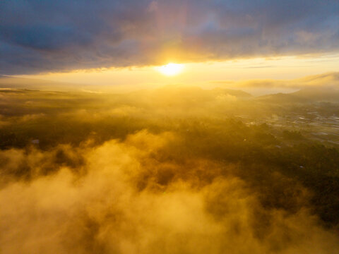 Aerial view of Sumberurip landscape at sunrise with golden light illuminating the mist and rolling hills in Pronojiwo, East Java, Indonesia.