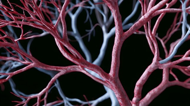Close up view of branching red and blue vascular structures against a dark background  showing detailed anatomical patterns