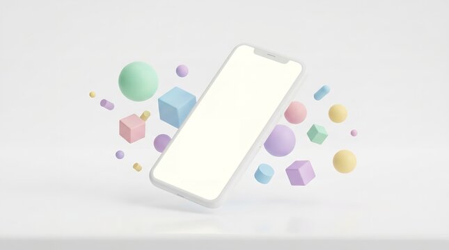 Smartphone mockup with floating pastel geometric shapes on white background