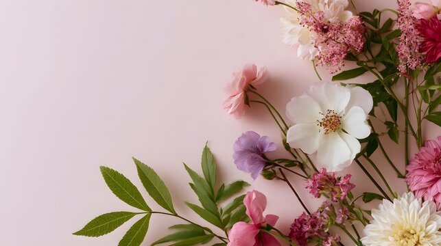 A delicate arrangement of pink  white  and purple flowers with green leaves on a soft pink background