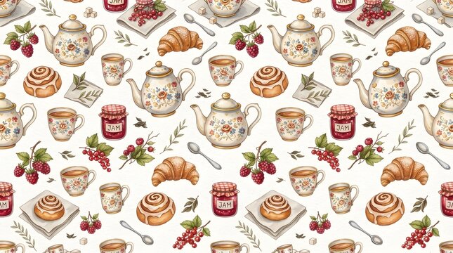  Tea and Dessert Seamless Pattern with Teapots, Cakes, Pastries, and Jars