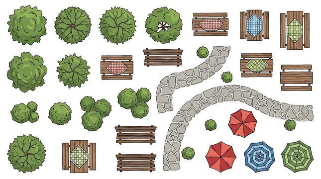 Top view set of landscape design elements for architectural plans