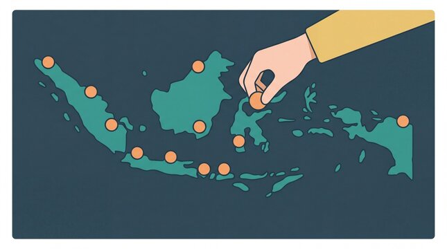 Peta indonesia globe vektor dengan tangan meletakkan penanda lokasi