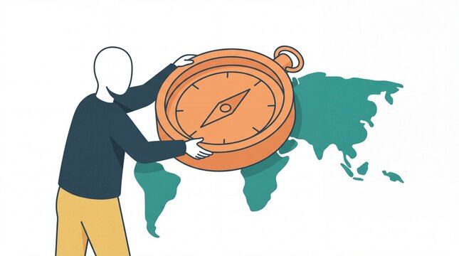 Manusia membawa kompas pada peta globe vektor dunia navigasi