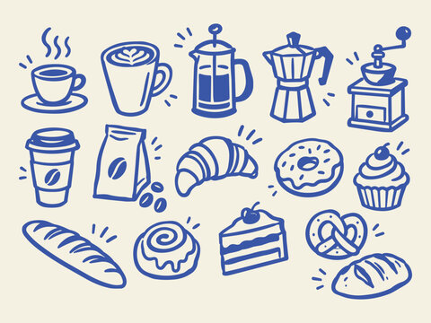 Coffee and bakery doodle set hand drawn line art vector illustration with croissant, cake and pastry