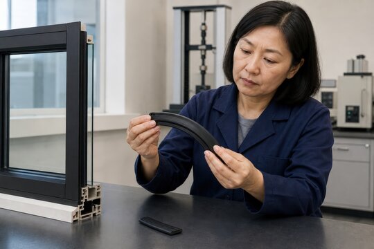 Rubber ozone testing - a technician evaluating aged window weatherstrip
