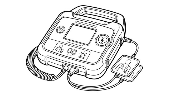 Automated external defibrillator AED line art illustration, medical emergency resuscitation equipment outline graphic, portable cardiac defibrillator machine device icon