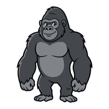 Friendly cartoon silverback gorilla standing upright with white background