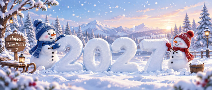 Two smiling snowmen in knit hats and scarves stand beside snow covered 2027 numbers in a pine forest with mountains, falling snow, lanterns, and a wooden New Year sign.