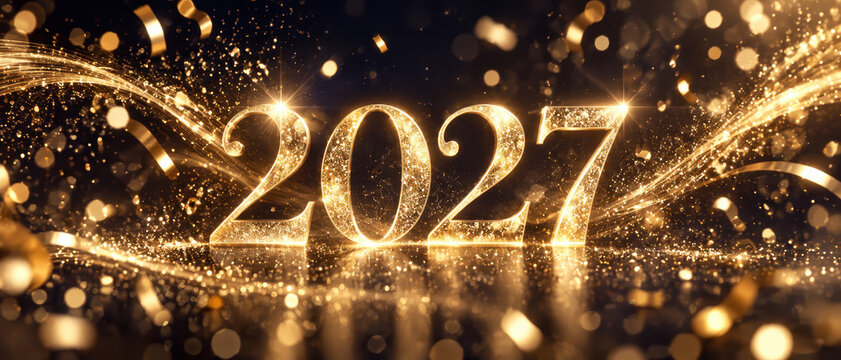 Glittering golden 2027 numerals stand amid flowing light trails, confetti, and bokeh sparkles in a dark festive New Year celebration composition with reflections.