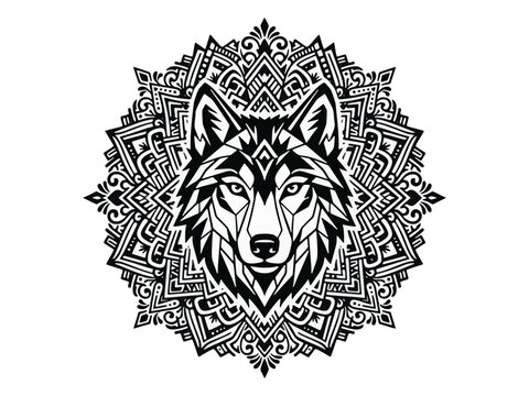 Geometric Wolf Head Mandala Emblem Black Vector Icon