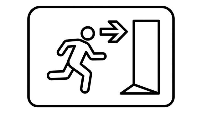 Emergency exit line icon, running person safety sign, evacuation route symbol, door directional signage graphics